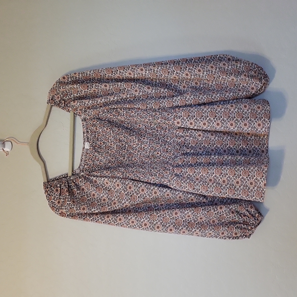Mimi + Daphne Brown Cream Rust Floral Smocked Blouse Long Sleeve Size XL